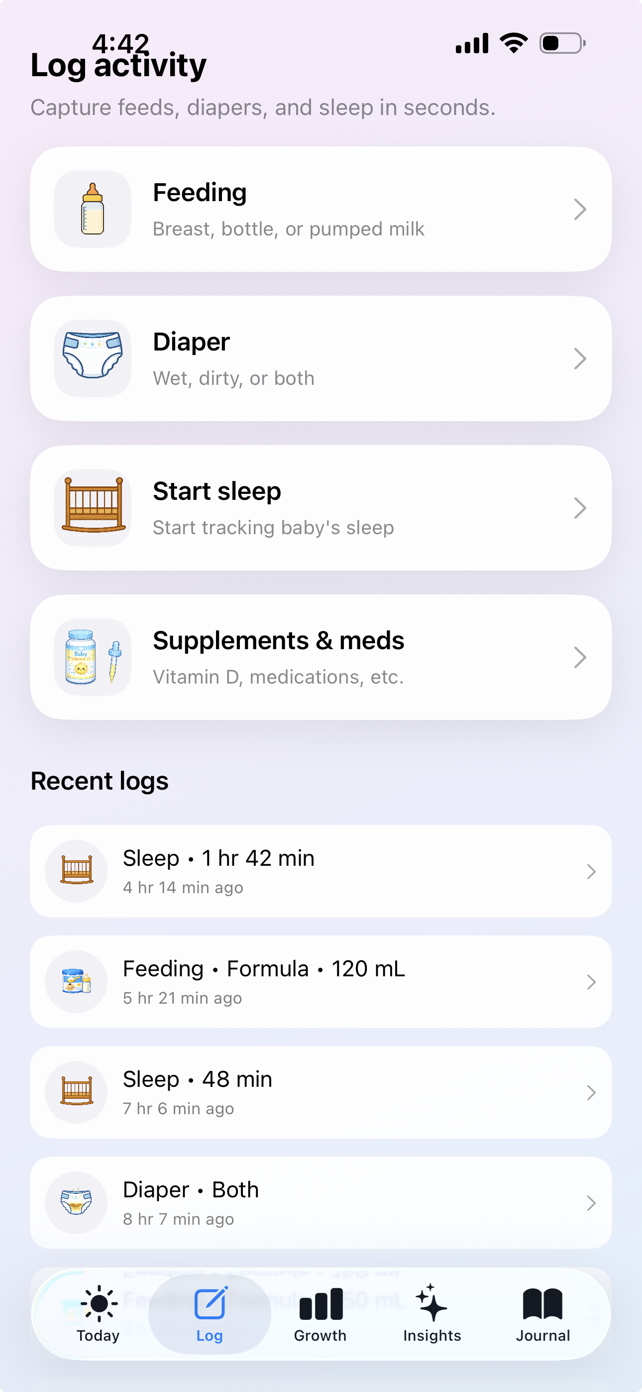 BabyWyze Log activity screen preview